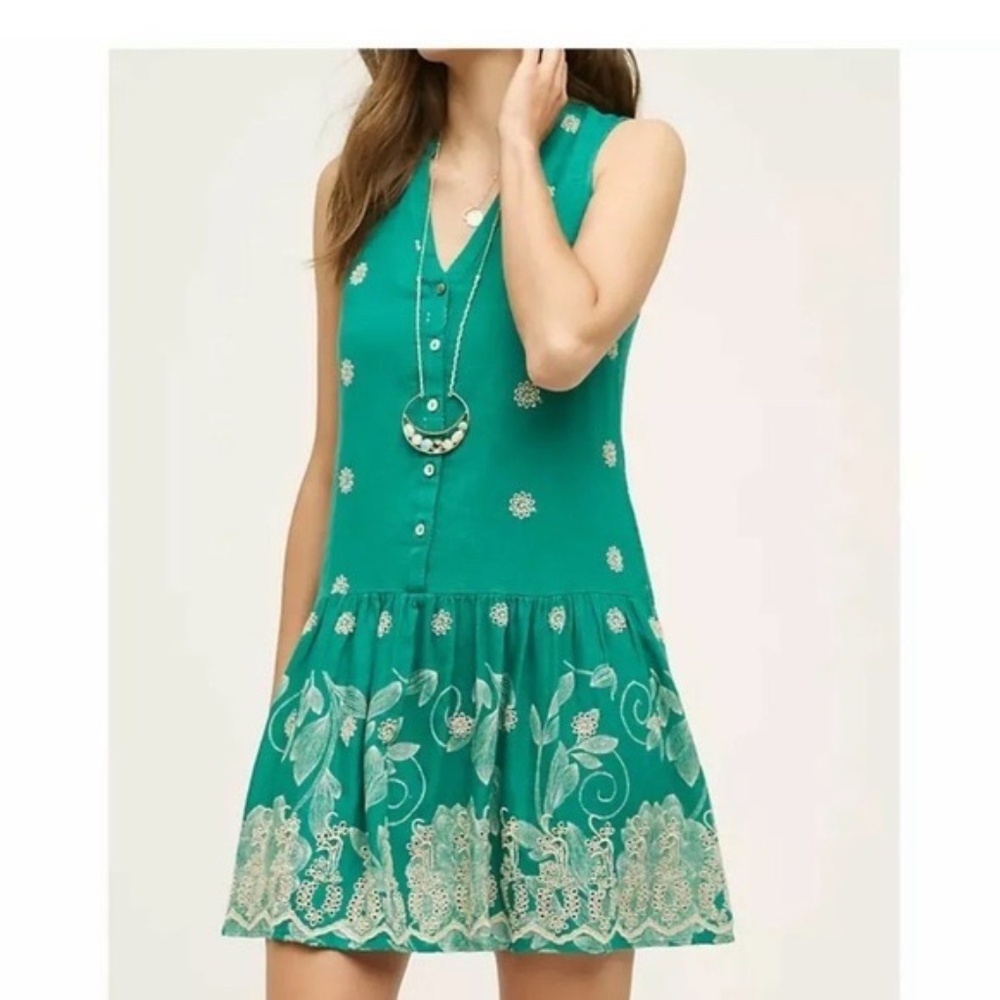 Maeve Pippa Green Floral Eyelet Linen Blend Swing Drop Waist Mini Dress SZ S